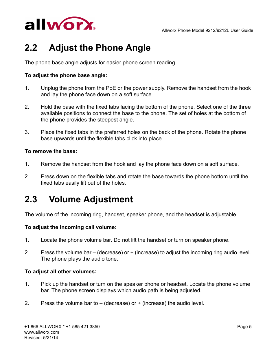 2 adjust the phone angle, 3 volume adjustment, Adjust the phone angle volume adjustment | Allworx 9212 Phones User Manual | Page 13 / 50