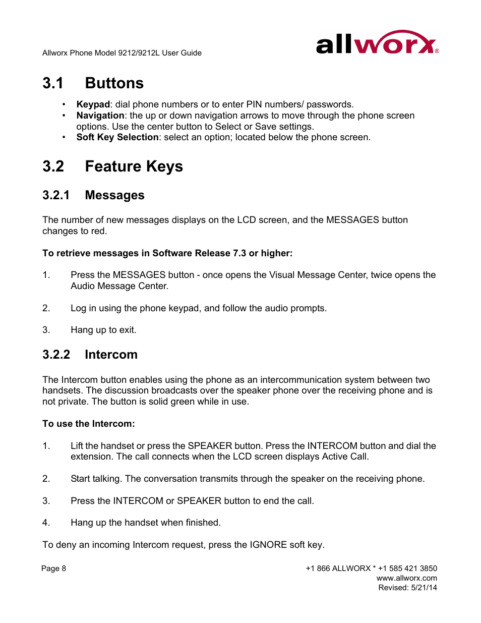 1 buttons, 2 feature keys, 1 messages | 2 intercom, Buttons feature keys, Messages intercom | Allworx 9212 Phones User Manual | Page 16 / 50