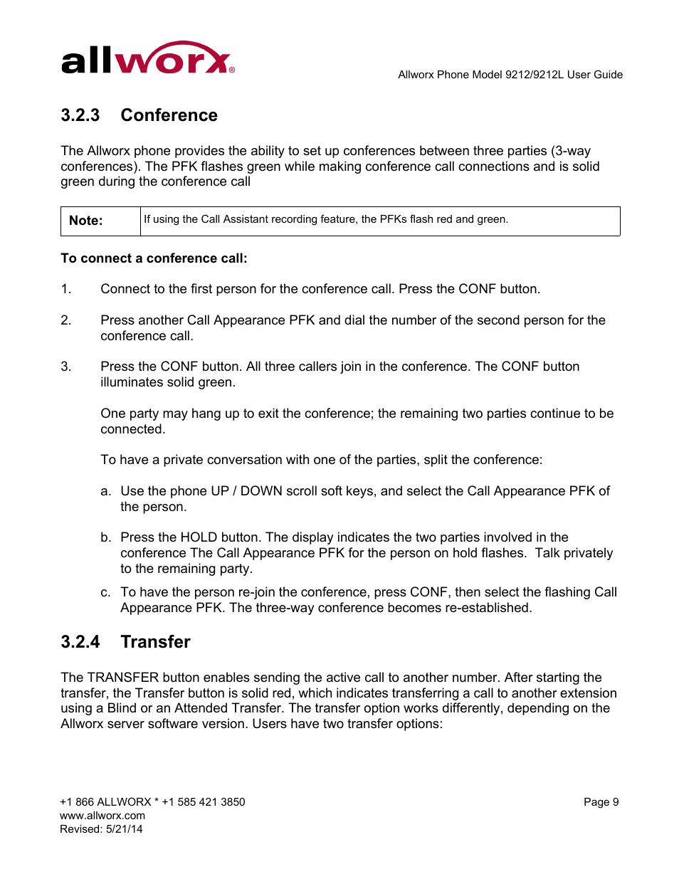 3 conference, 4 transfer, Conference transfer | Allworx 9212 Phones User Manual | Page 17 / 50