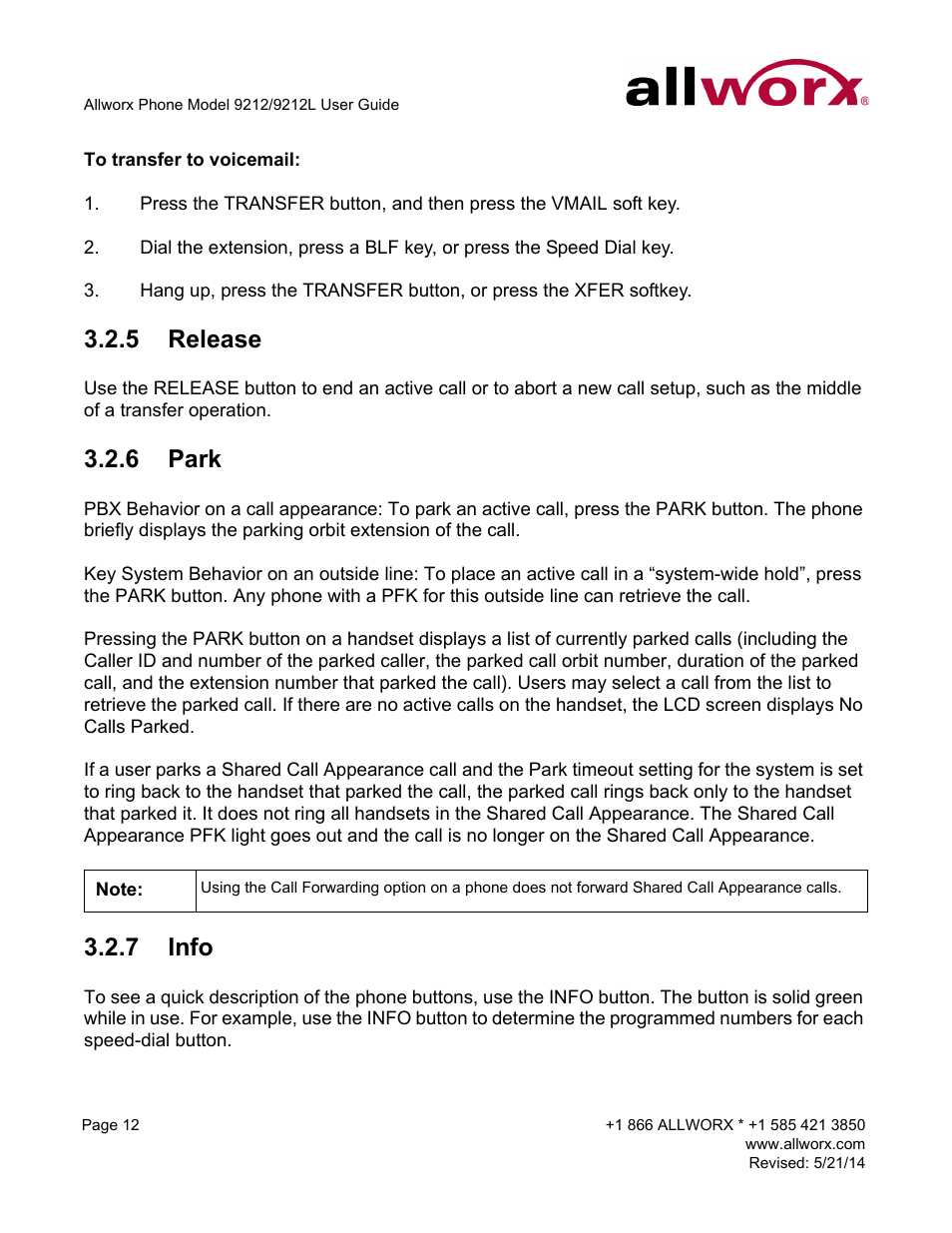 5 release, 6 park, 7 info | Release park info | Allworx 9212 Phones User Manual | Page 20 / 50