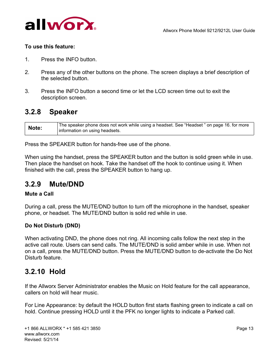 8 speaker, 9 mute/dnd, 10 hold | Speaker mute/dnd hold | Allworx 9212 Phones User Manual | Page 21 / 50