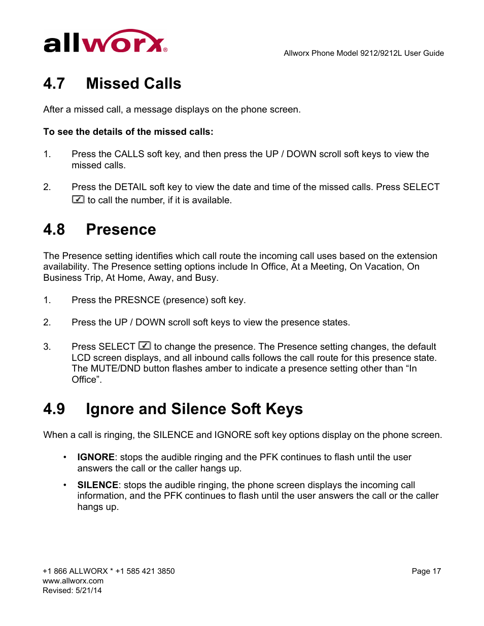 7 missed calls, 8 presence, 9 ignore and silence soft keys | Missed calls presence ignore and silence soft keys | Allworx 9212 Phones User Manual | Page 25 / 50