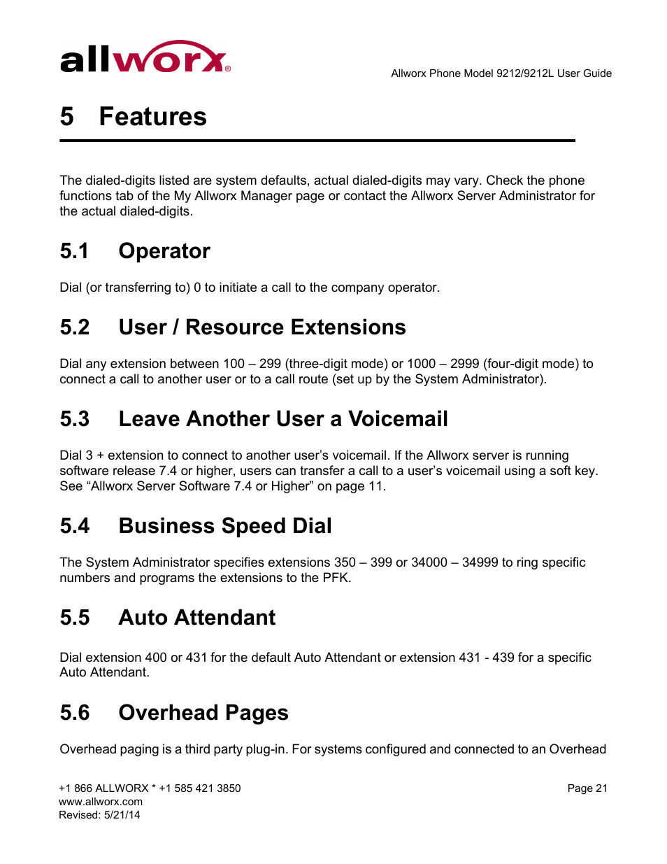 5 features, 1 operator, 2 user / resource extensions | 3 leave another user a voicemail, 4 business speed dial, 5 auto attendant, Features, 6 overhead pages | Allworx 9212 Phones User Manual | Page 29 / 50