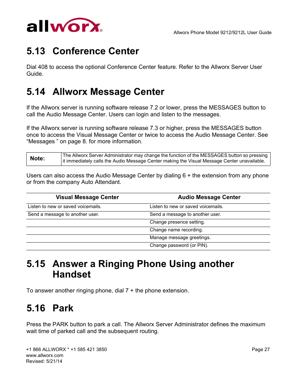 13 conference center, 14 allworx message center, 15 answer a ringing phone using another handset | 16 park | Allworx 9212 Phones User Manual | Page 35 / 50