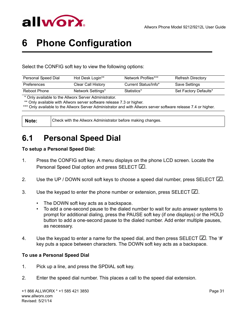 6 phone configuration, 1 personal speed dial, Phone configuration | Personal speed dial | Allworx 9212 Phones User Manual | Page 39 / 50