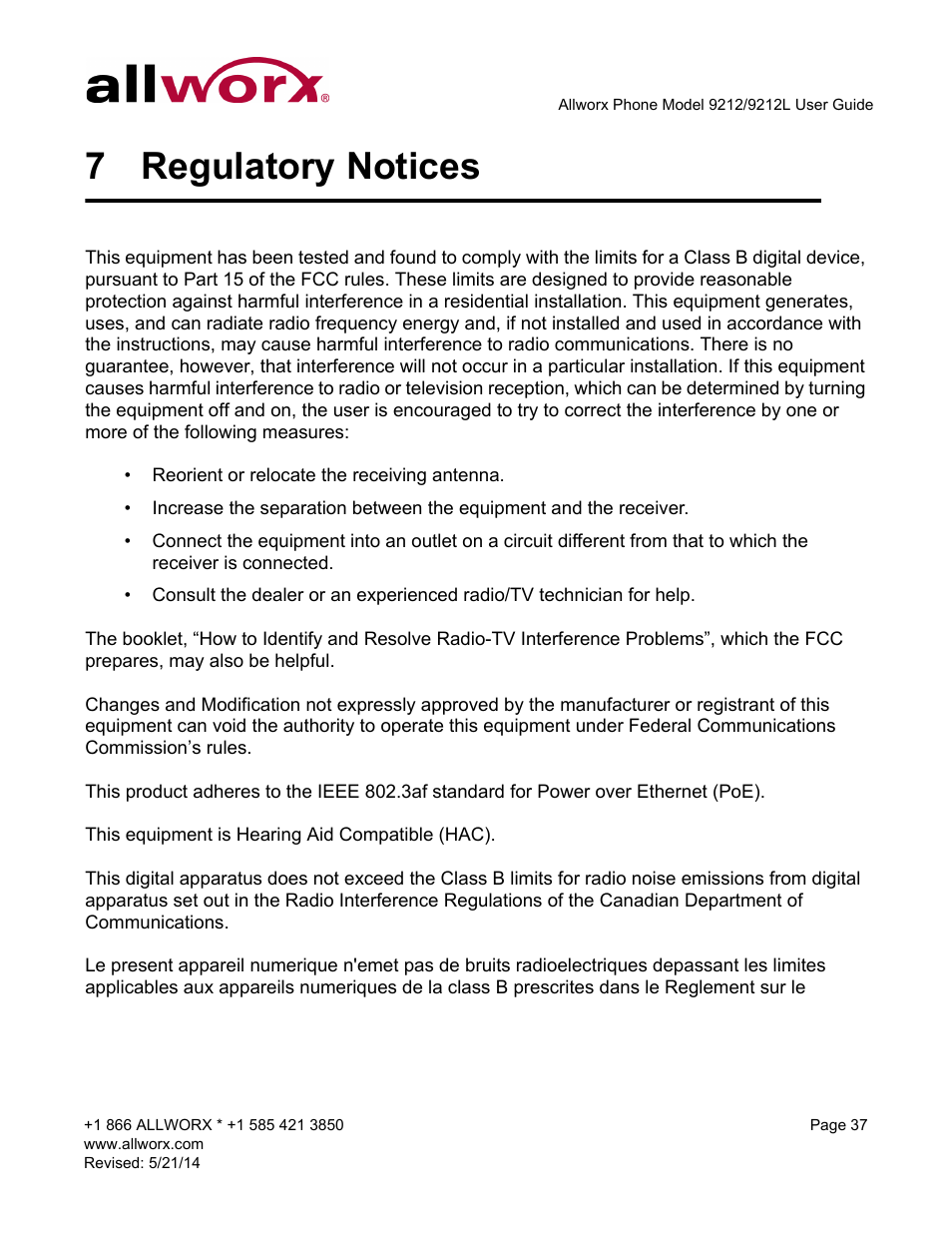 7 regulatory notices, Regulatory notices | Allworx 9212 Phones User Manual | Page 45 / 50