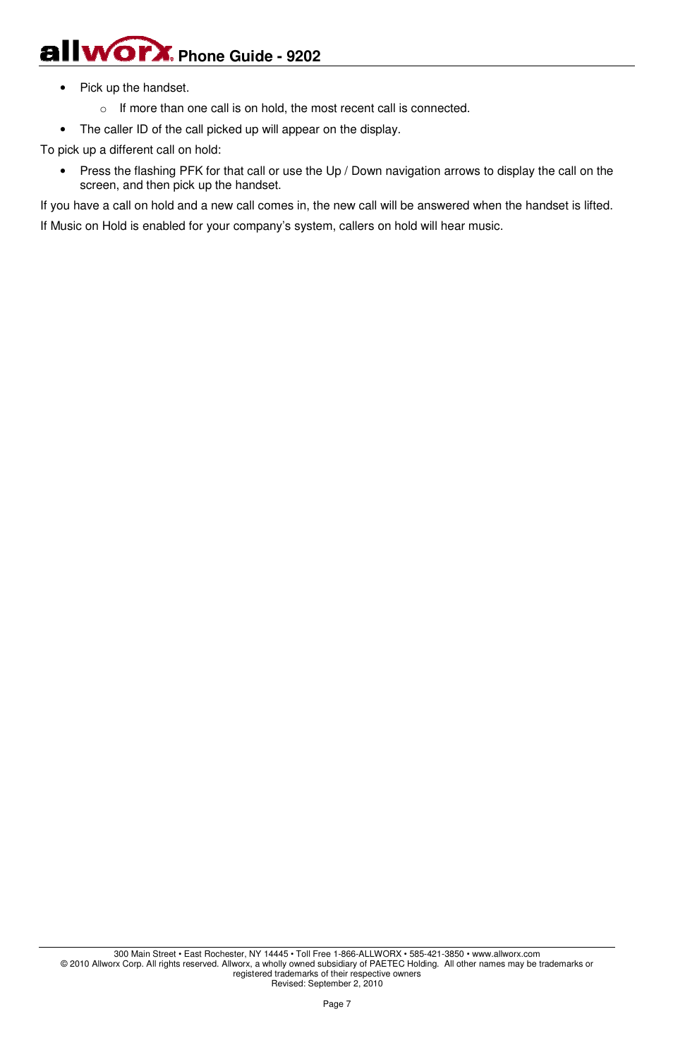 Phone guide - 9202 | Allworx 9202 Phones User Manual | Page 10 / 22