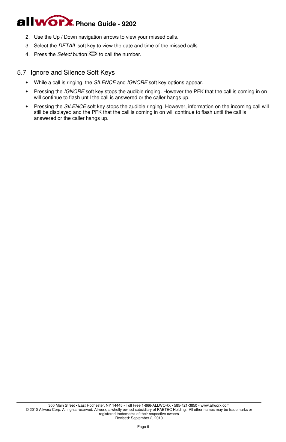 Phone guide - 9202, 7 ignore and silence soft keys | Allworx 9202 Phones User Manual | Page 12 / 22