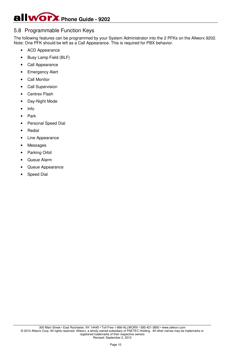 Phone guide - 9202, 8 programmable function keys | Allworx 9202 Phones User Manual | Page 13 / 22