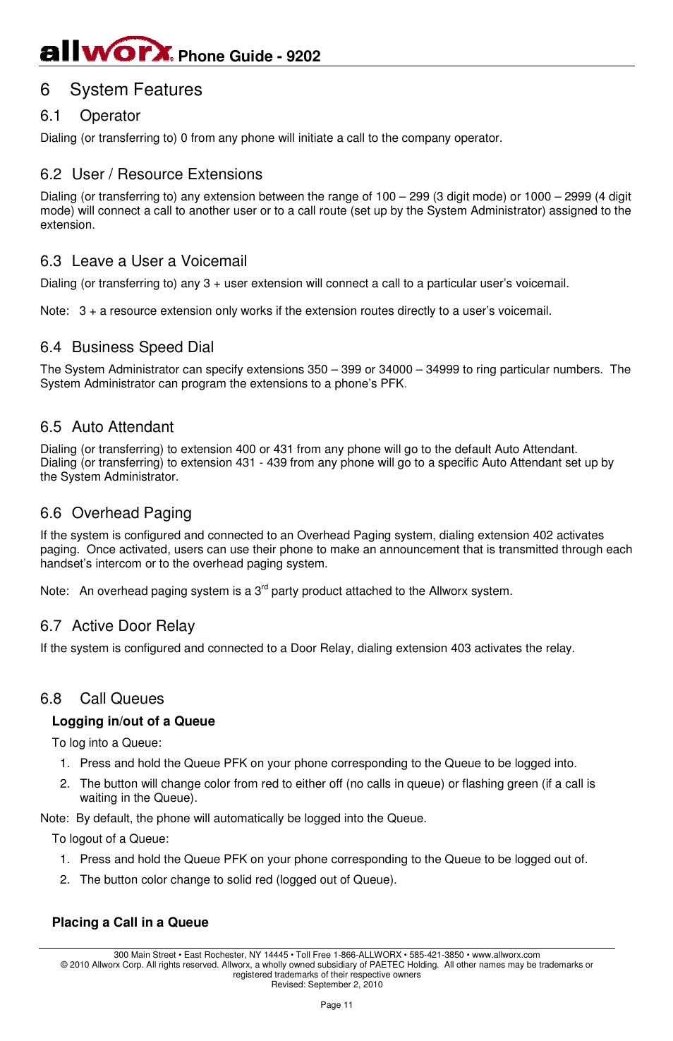 6 system features, Phone guide - 9202, 1 operator | 2 user / resource extensions, 3 leave a user a voicemail, 4 business speed dial, 5 auto attendant, 6 overhead paging, 7 active door relay, 8 call queues | Allworx 9202 Phones User Manual | Page 14 / 22