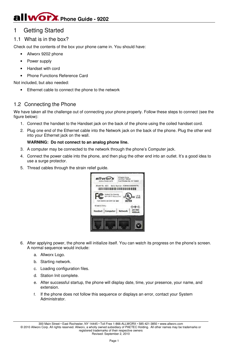 1 getting started, Phone guide - 9202, 1 what is in the box | 2 connecting the phone | Allworx 9202 Phones User Manual | Page 4 / 22
