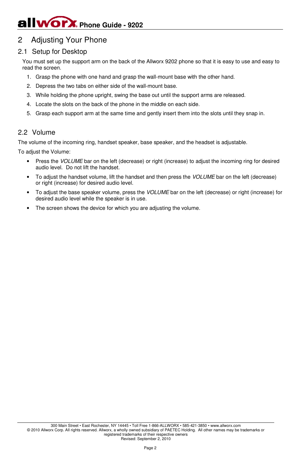 2 adjusting your phone, Phone guide - 9202, 1 setup for desktop | 2 volume | Allworx 9202 Phones User Manual | Page 5 / 22