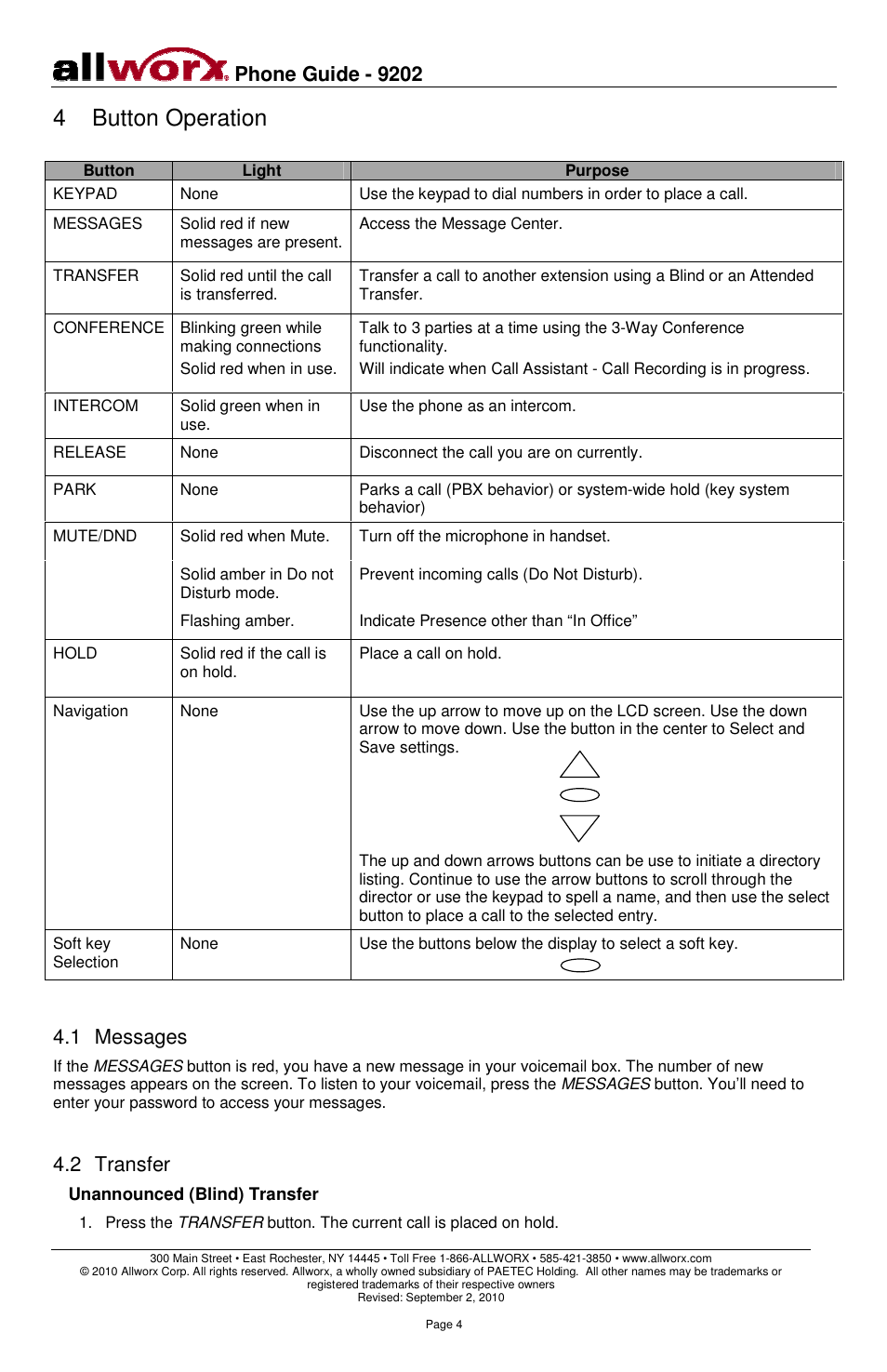4 button operation, Phone guide - 9202, 1 messages | 2 transfer | Allworx 9202 Phones User Manual | Page 7 / 22