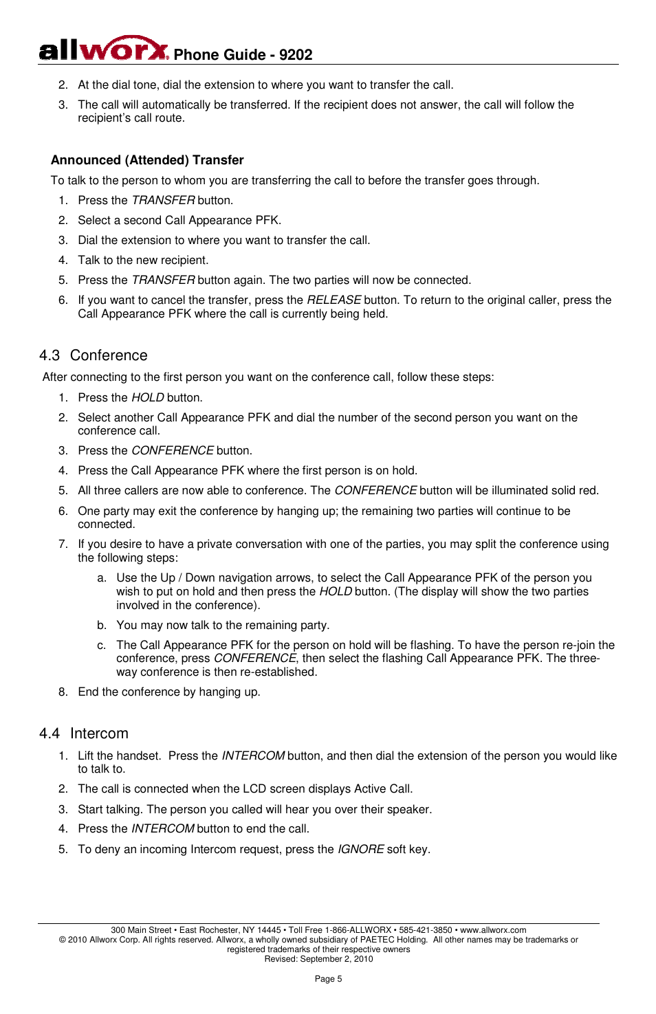 Phone guide - 9202, 3 conference, 4 intercom | Allworx 9202 Phones User Manual | Page 8 / 22