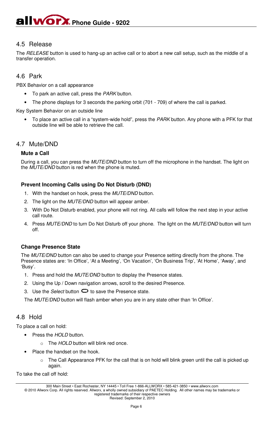Phone guide - 9202, 5 release, 6 park | 7 mute/dnd, 8 hold | Allworx 9202 Phones User Manual | Page 9 / 22