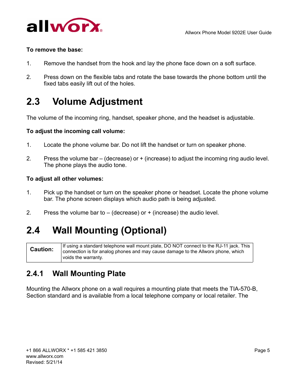 3 volume adjustment, 4 wall mounting (optional), 1 wall mounting plate | Volume adjustment wall mounting (optional), Wall mounting plate | Allworx 9202E Phones User Manual | Page 11 / 38