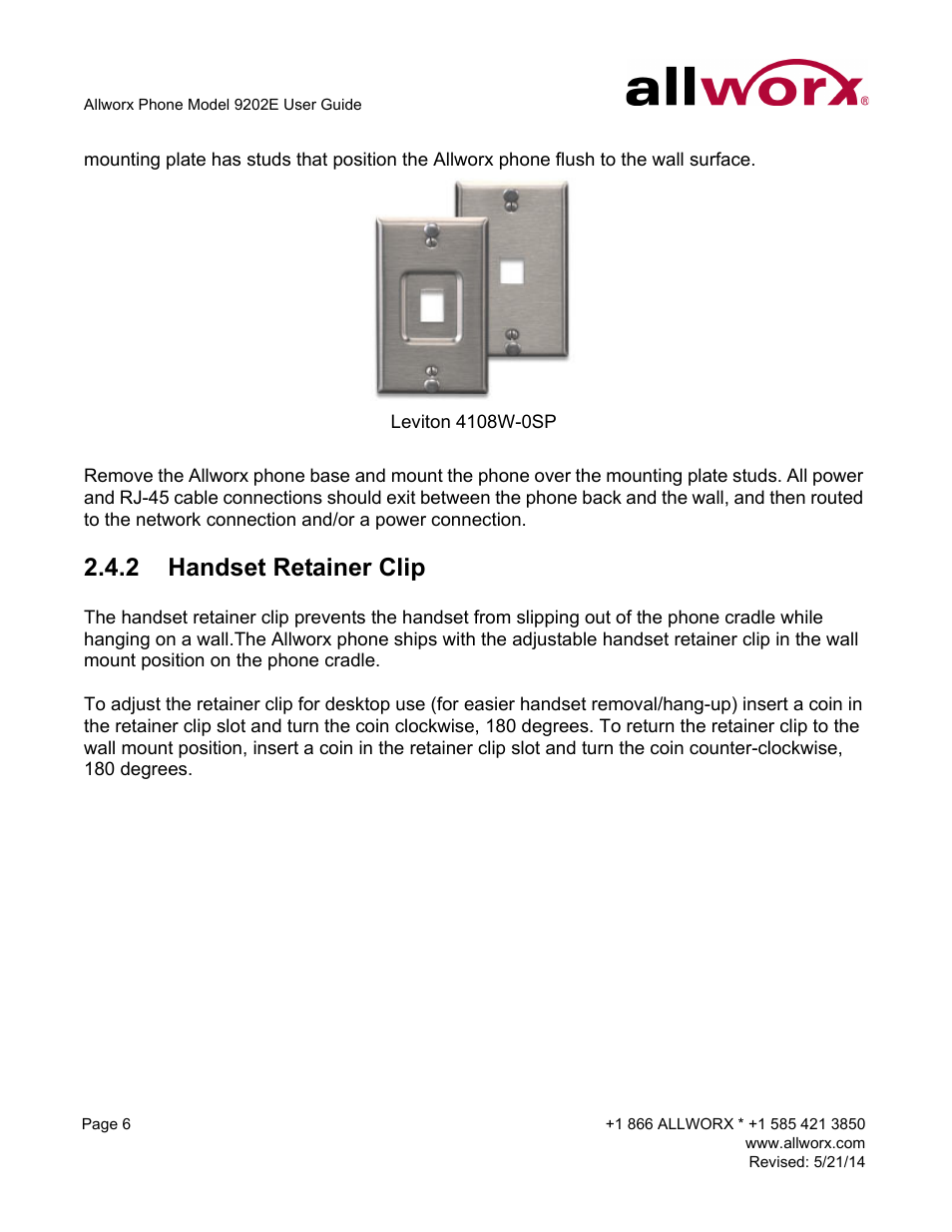 2 handset retainer clip, Handset retainer clip | Allworx 9202E Phones User Manual | Page 12 / 38