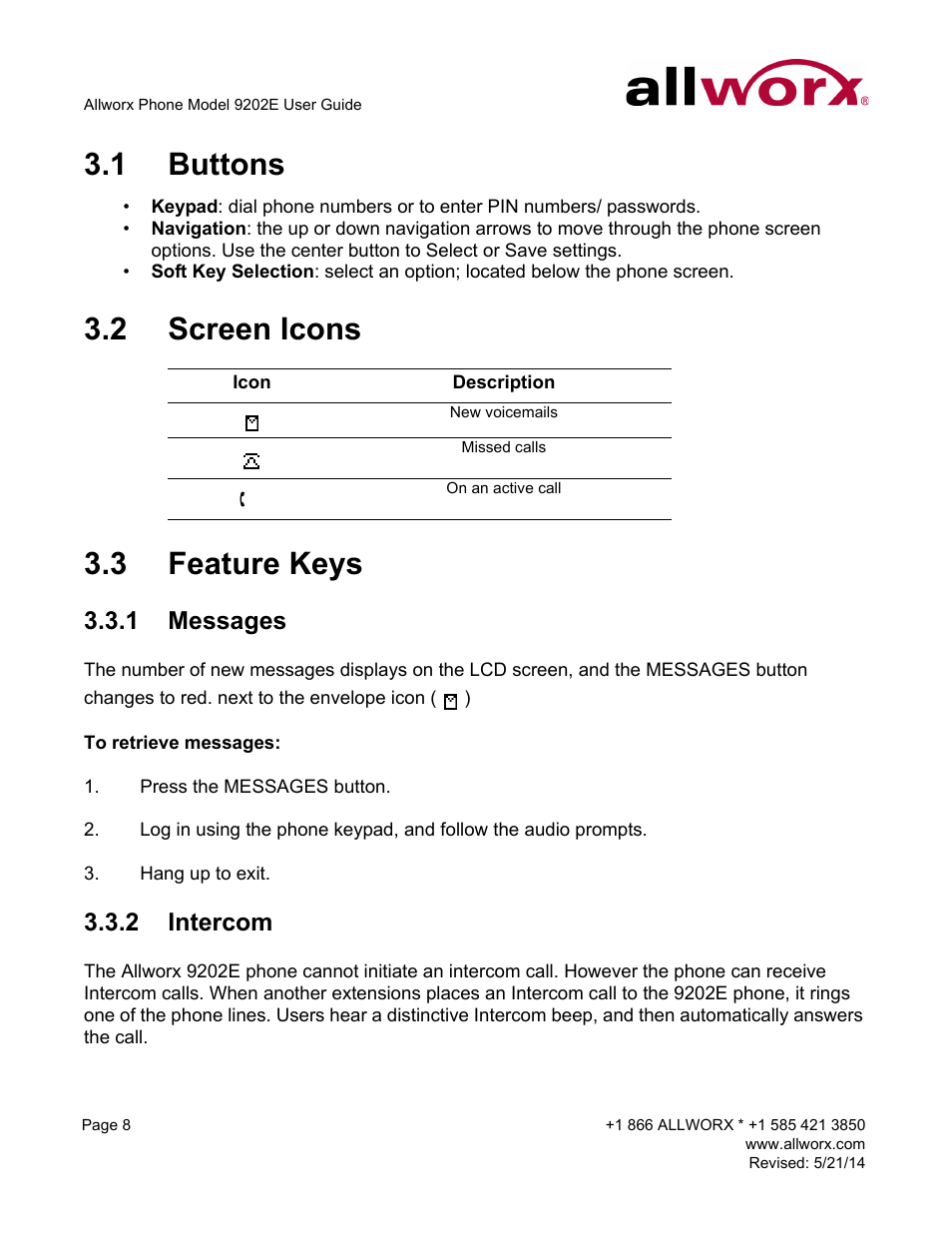 1 buttons, 2 screen icons, 3 feature keys | 1 messages, 2 intercom, Buttons screen icons feature keys, Messages intercom, 2 screen icons 3.3 feature keys | Allworx 9202E Phones User Manual | Page 14 / 38