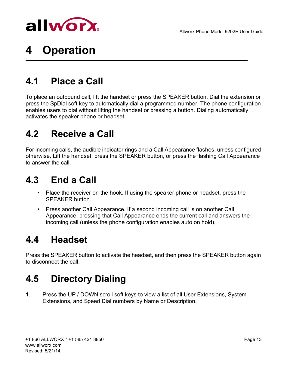 4 operation, 1 place a call, 2 receive a call | 3 end a call, 4 headset, 5 directory dialing, Operation | Allworx 9202E Phones User Manual | Page 19 / 38