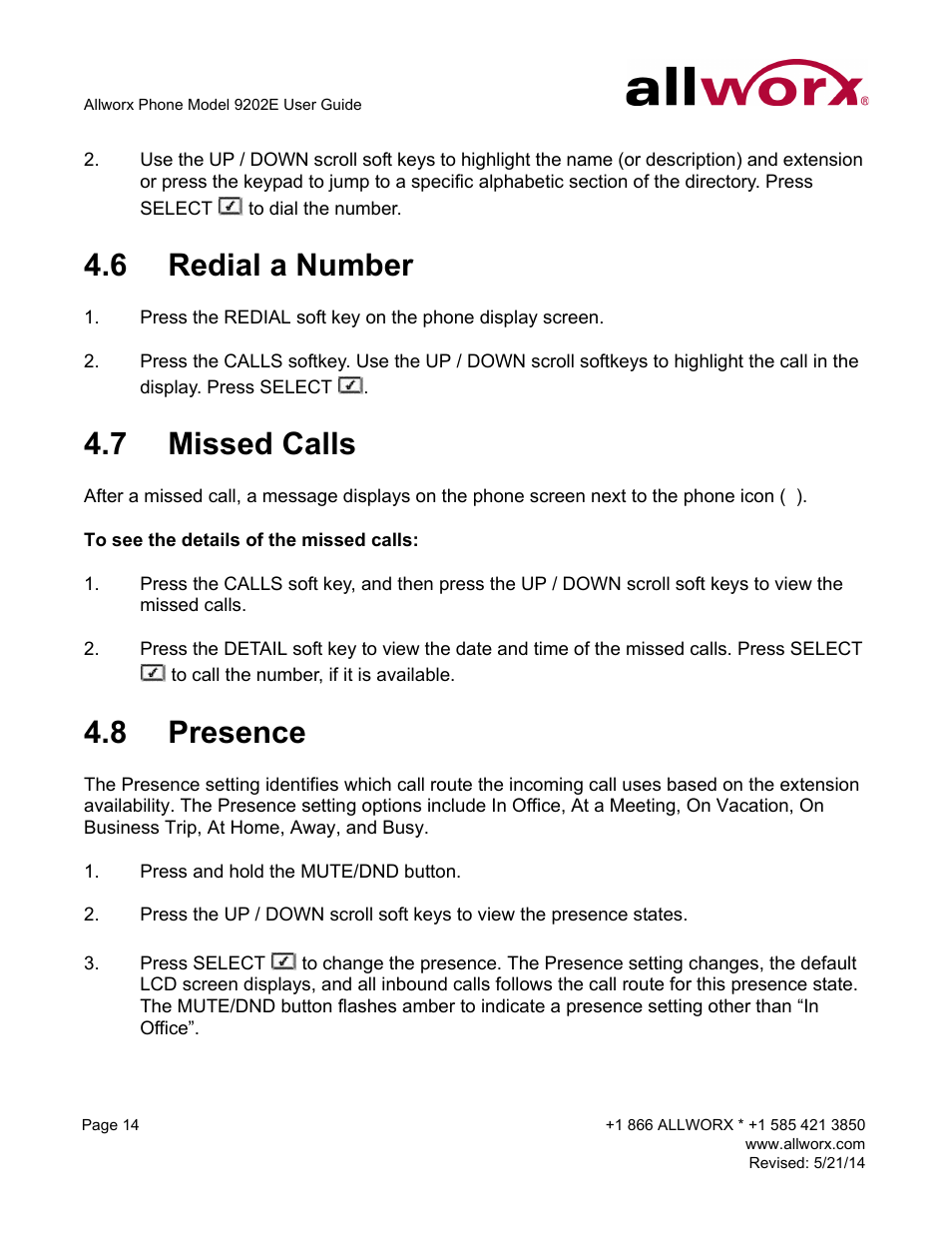 6 redial a number, 7 missed calls, 8 presence | Redial a number missed calls, Presence | Allworx 9202E Phones User Manual | Page 20 / 38