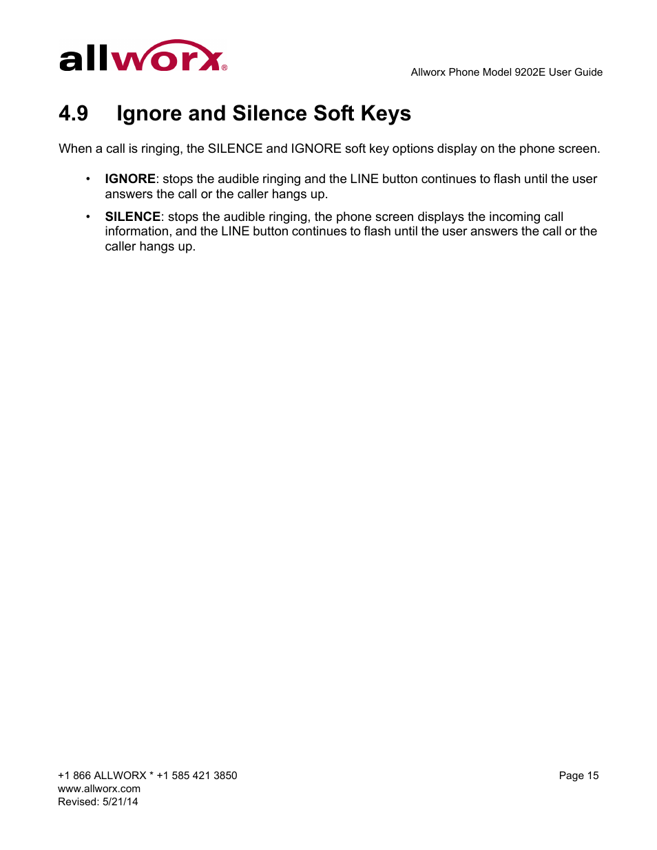 9 ignore and silence soft keys, Ignore and silence soft keys | Allworx 9202E Phones User Manual | Page 21 / 38