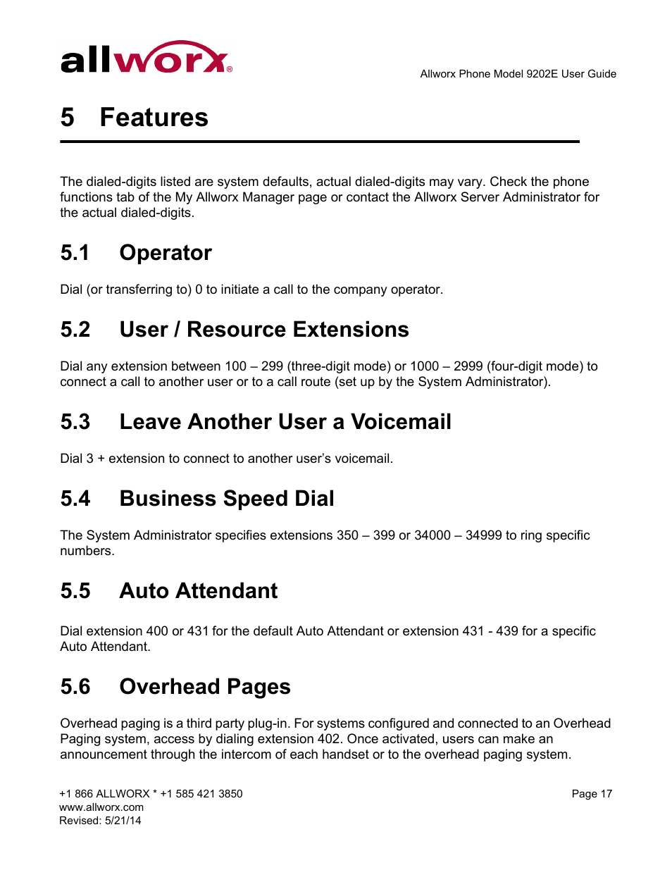 5 features, 1 operator, 2 user / resource extensions | 3 leave another user a voicemail, 4 business speed dial, 5 auto attendant, Features, 6 overhead pages | Allworx 9202E Phones User Manual | Page 23 / 38