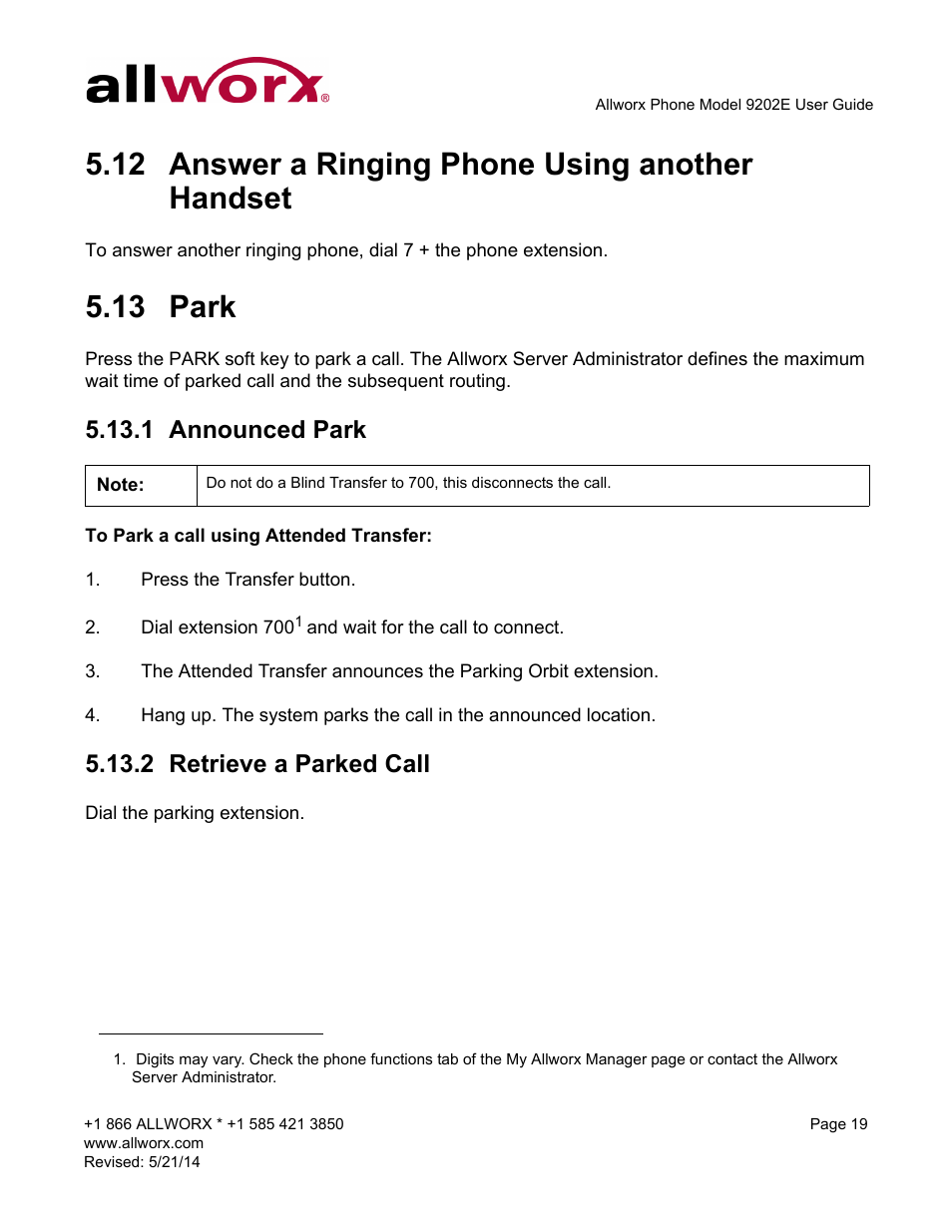 12 answer a ringing phone using another handset, 13 park, 1 announced park | 2 retrieve a parked call, Answer a ringing phone using another handset park, Announced park retrieve a parked call | Allworx 9202E Phones User Manual | Page 25 / 38