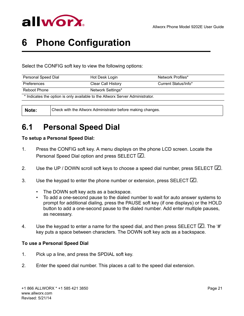 6 phone configuration, 1 personal speed dial, Phone configuration | Personal speed dial | Allworx 9202E Phones User Manual | Page 27 / 38