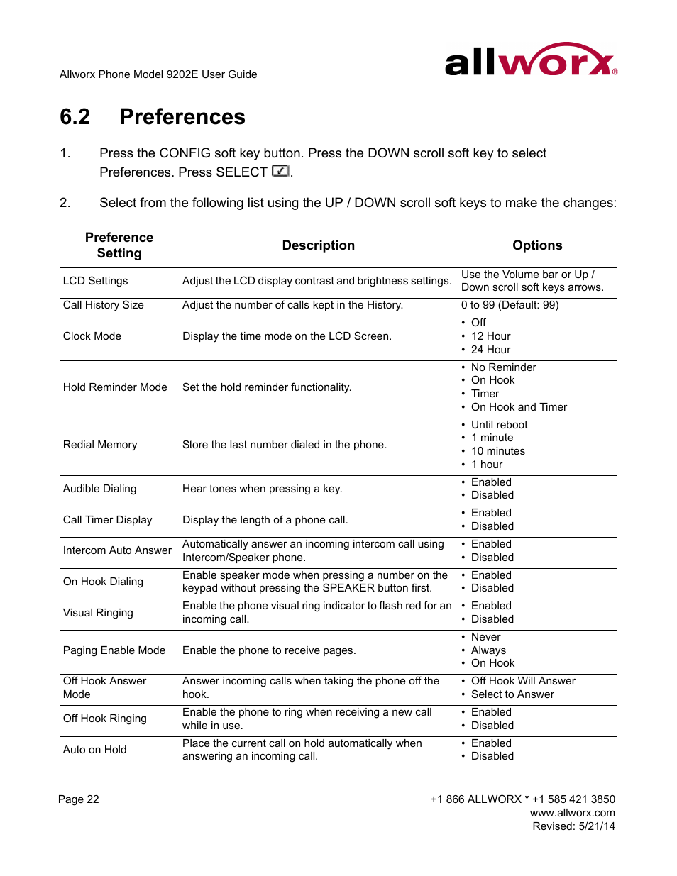 2 preferences, Preferences | Allworx 9202E Phones User Manual | Page 28 / 38