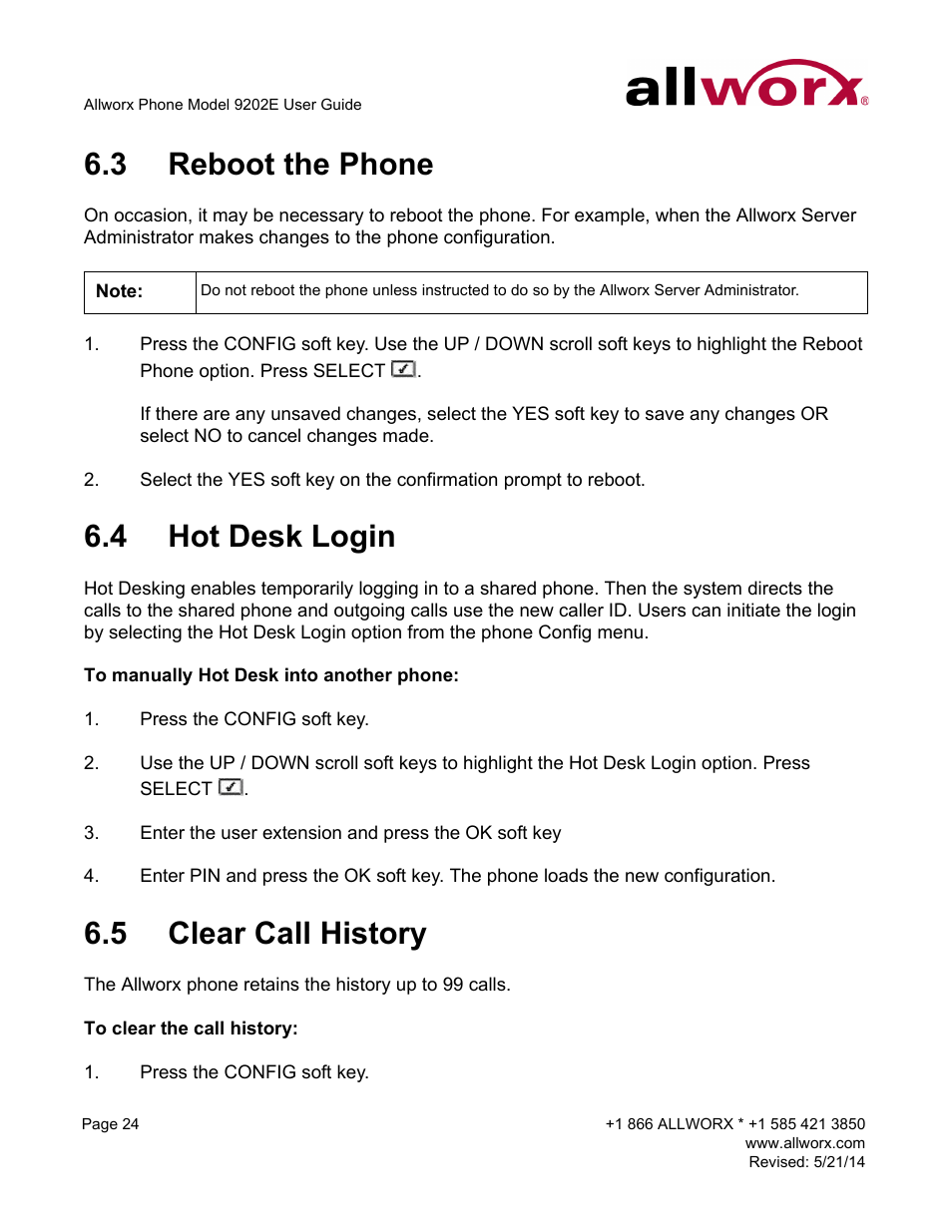3 reboot the phone, 4 hot desk login, 5 clear call history | Reboot the phone hot desk login clear call history | Allworx 9202E Phones User Manual | Page 30 / 38