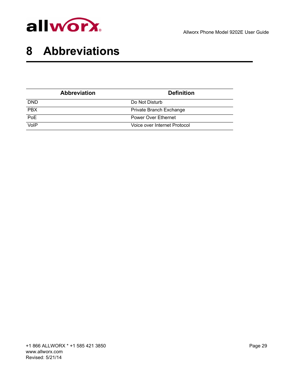 8 abbreviations, Abbreviations | Allworx 9202E Phones User Manual | Page 35 / 38