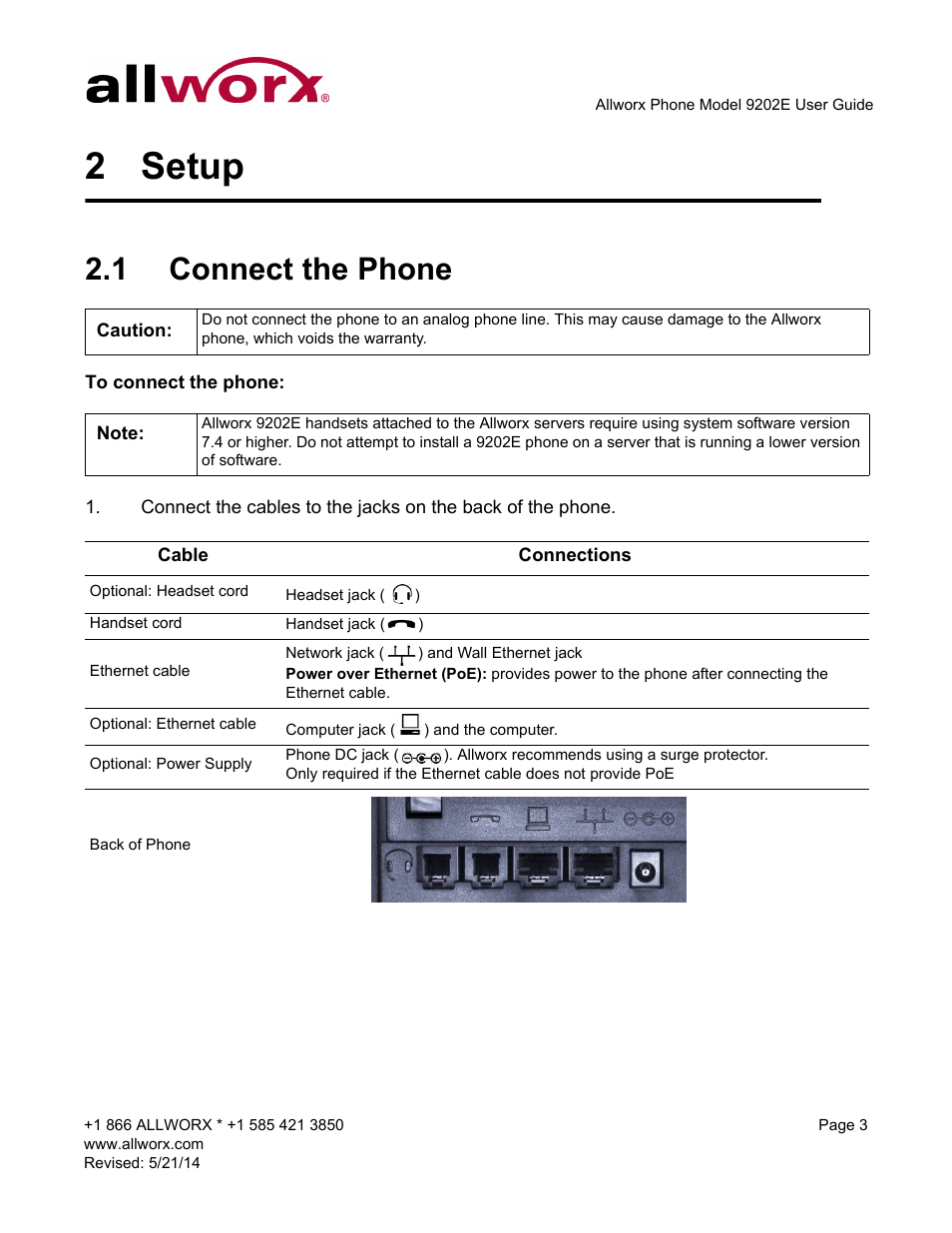 2 setup, 1 connect the phone, Setup | Connect the phone | Allworx 9202E Phones User Manual | Page 9 / 38