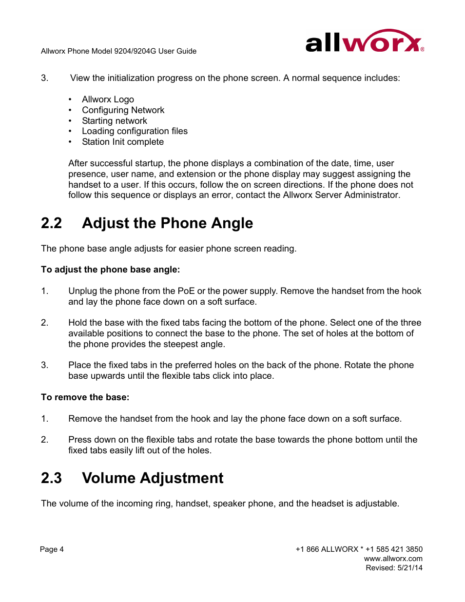 2 adjust the phone angle, 3 volume adjustment, Adjust the phone angle volume adjustment | Allworx 9204G Phones User Manual | Page 12 / 50