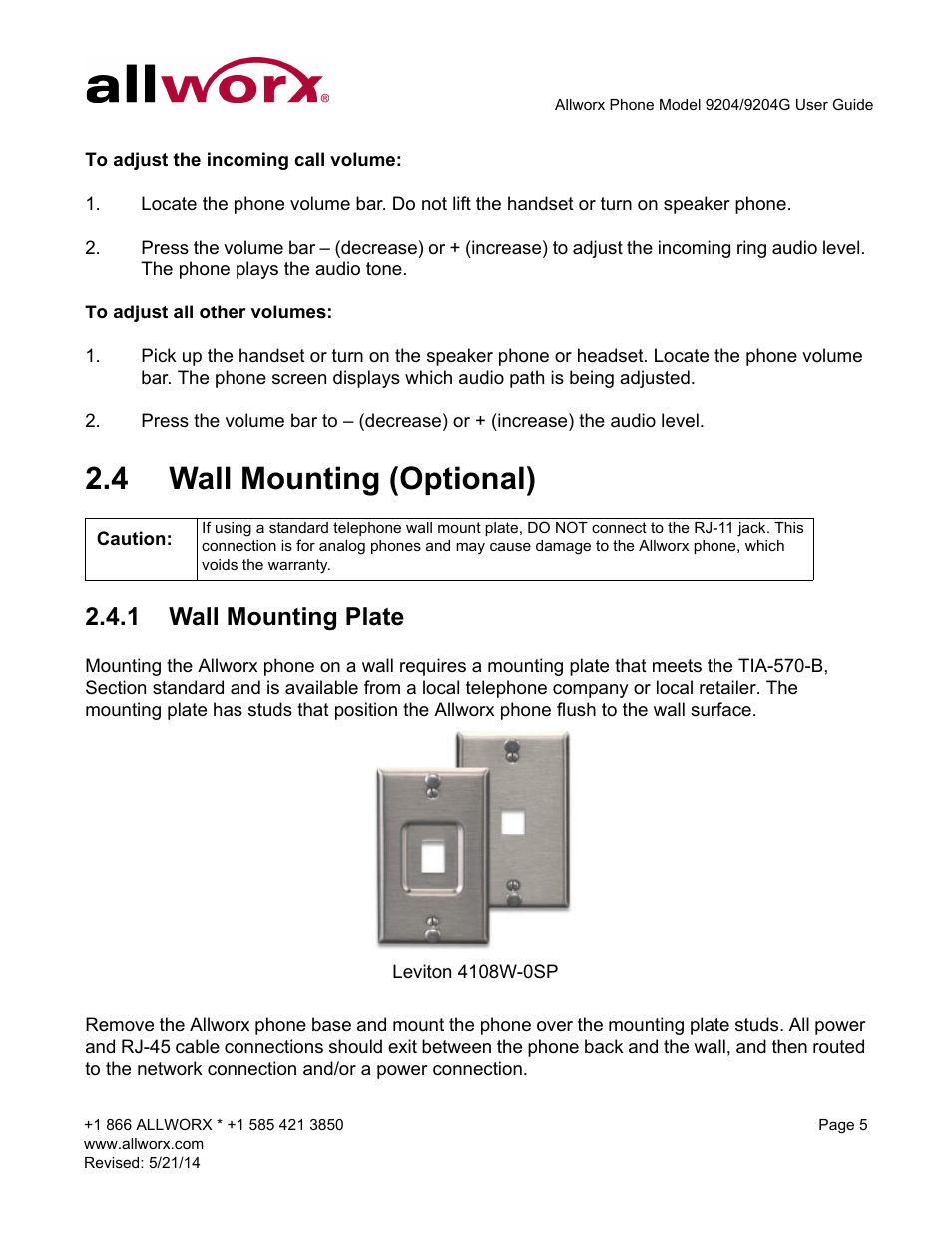 4 wall mounting (optional), 1 wall mounting plate, Wall mounting (optional) | Wall mounting plate | Allworx 9204G Phones User Manual | Page 13 / 50