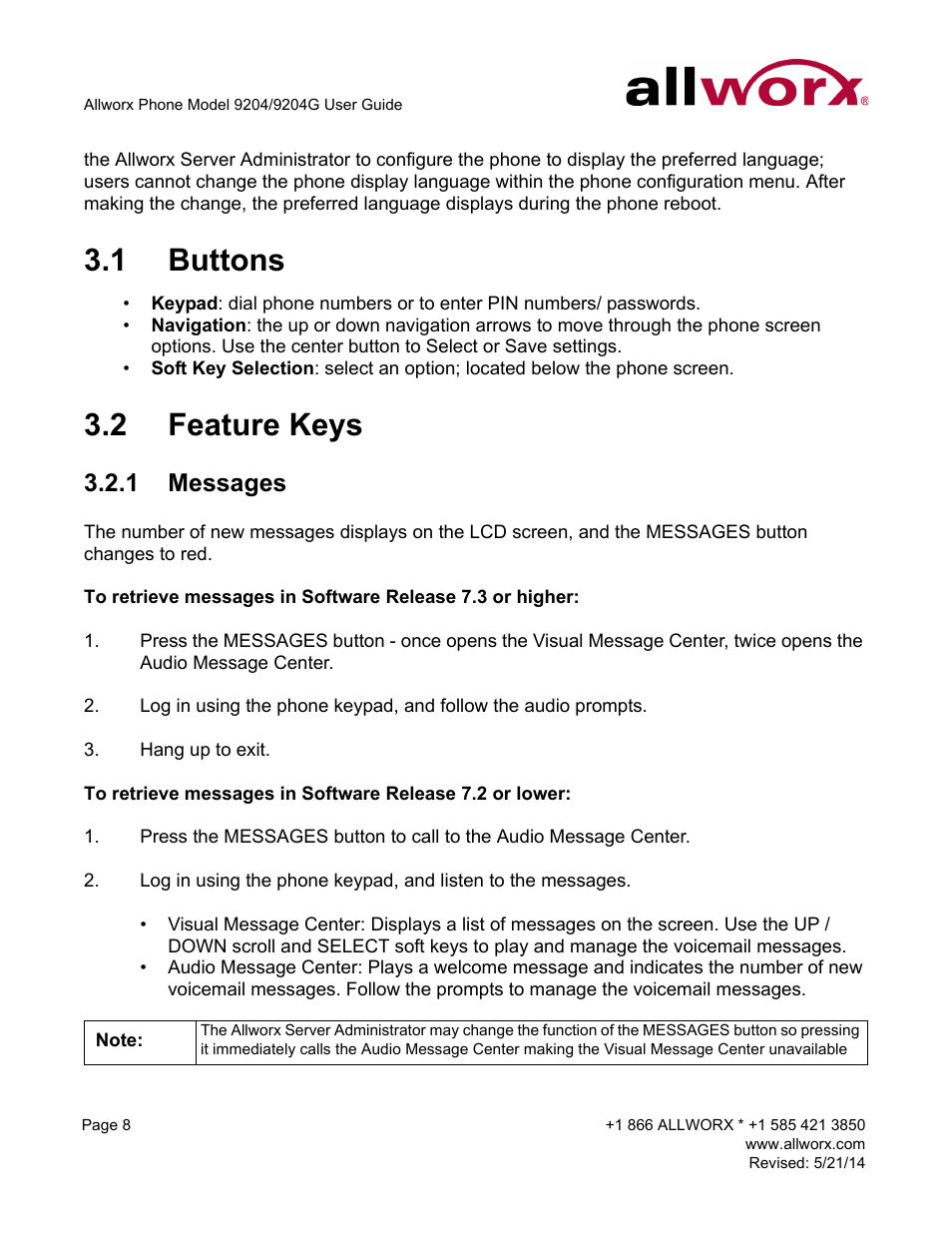 1 buttons, 2 feature keys, 1 messages | Buttons feature keys, Messages | Allworx 9204G Phones User Manual | Page 16 / 50