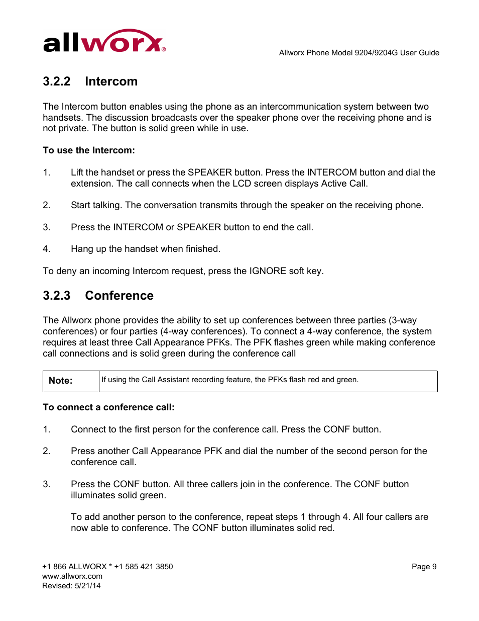 2 intercom, 3 conference, Intercom conference | Allworx 9204G Phones User Manual | Page 17 / 50