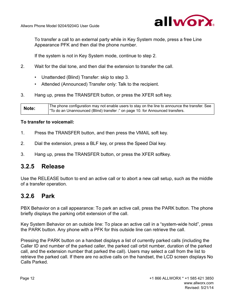 5 release, 6 park, Release park | Allworx 9204G Phones User Manual | Page 20 / 50