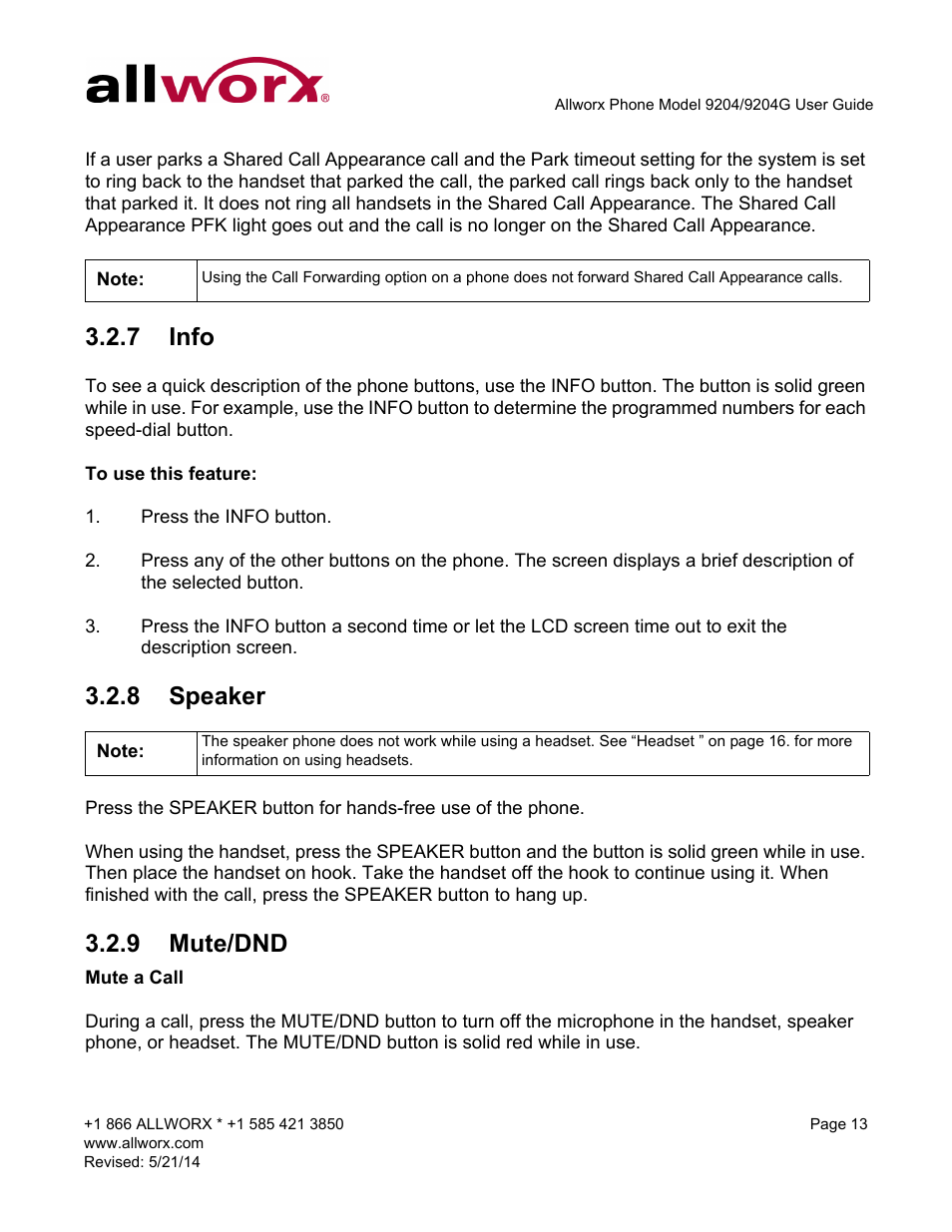 7 info, 8 speaker, 9 mute/dnd | Info speaker mute/dnd | Allworx 9204G Phones User Manual | Page 21 / 50