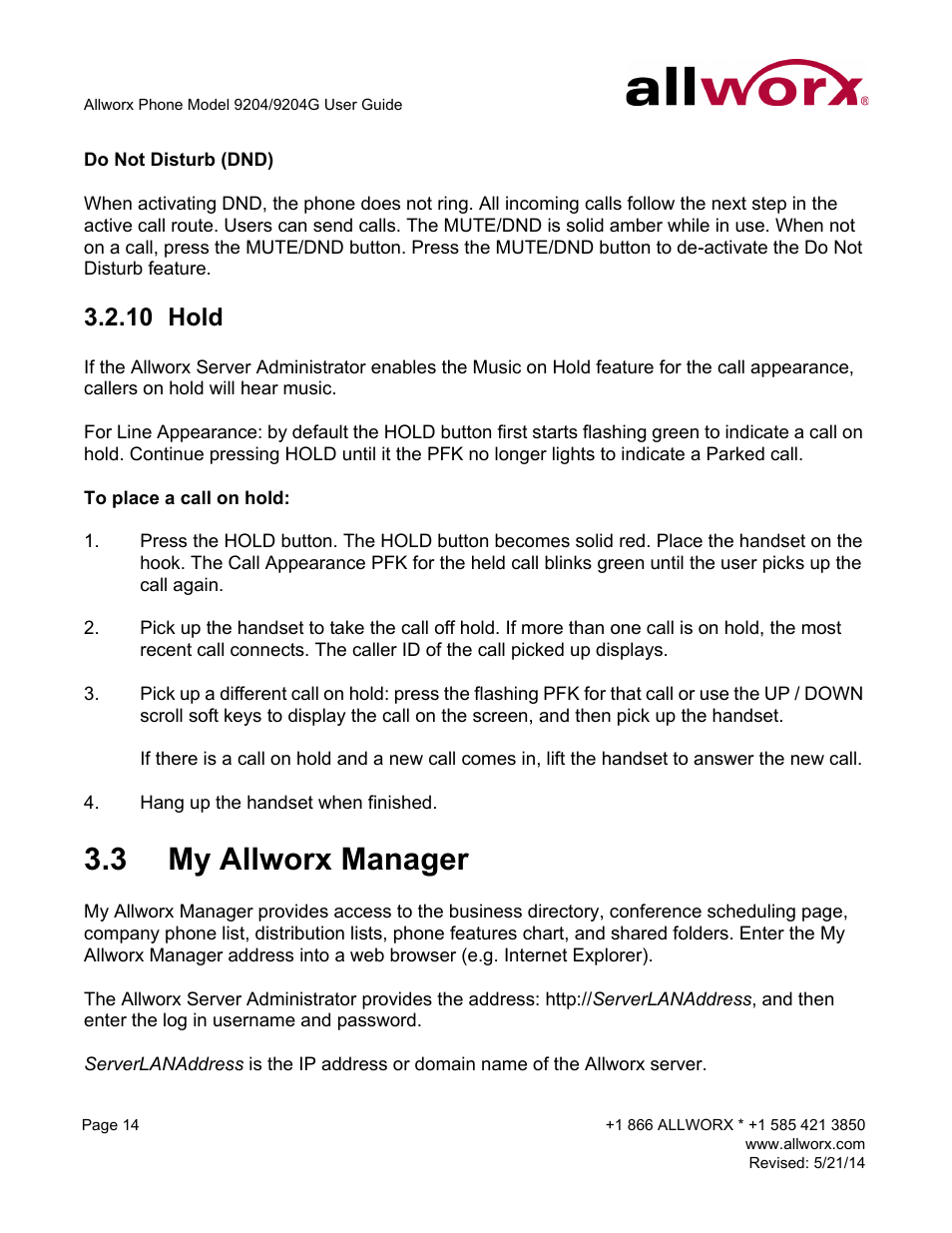 10 hold, 3 my allworx manager, Hold | My allworx manager | Allworx 9204G Phones User Manual | Page 22 / 50