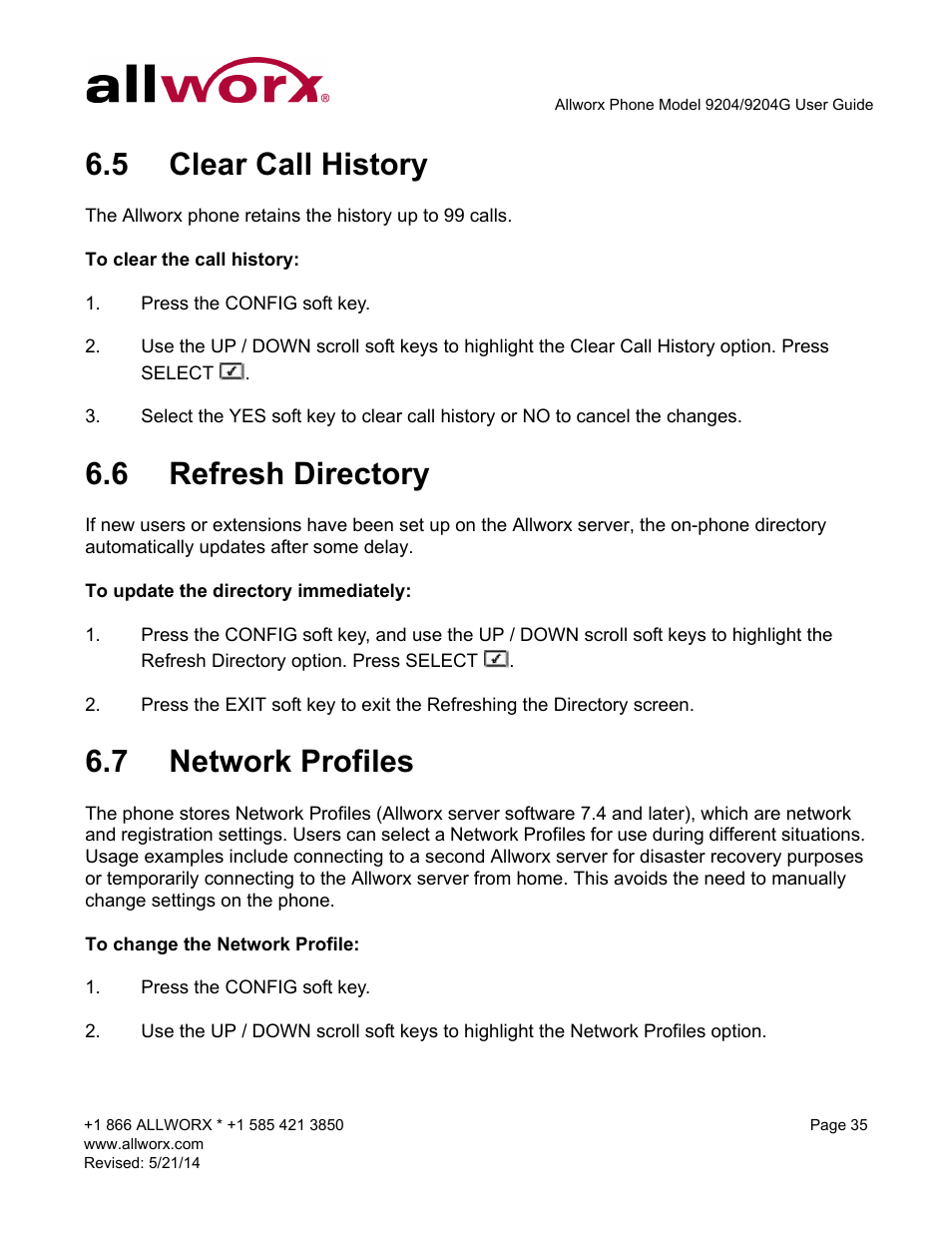 5 clear call history, 6 refresh directory, 7 network profiles | Allworx 9204G Phones User Manual | Page 43 / 50