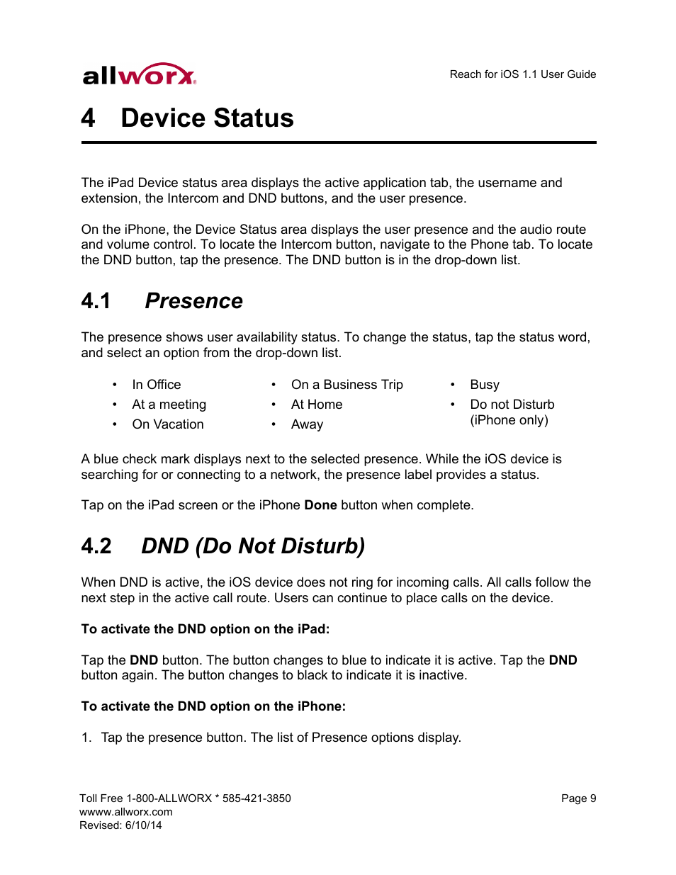 4 device status, 1 presence, 2 dnd (do not disturb) | Device status, Presence dnd (do not disturb), Presence | Allworx for iOS User Manual | Page 17 / 52