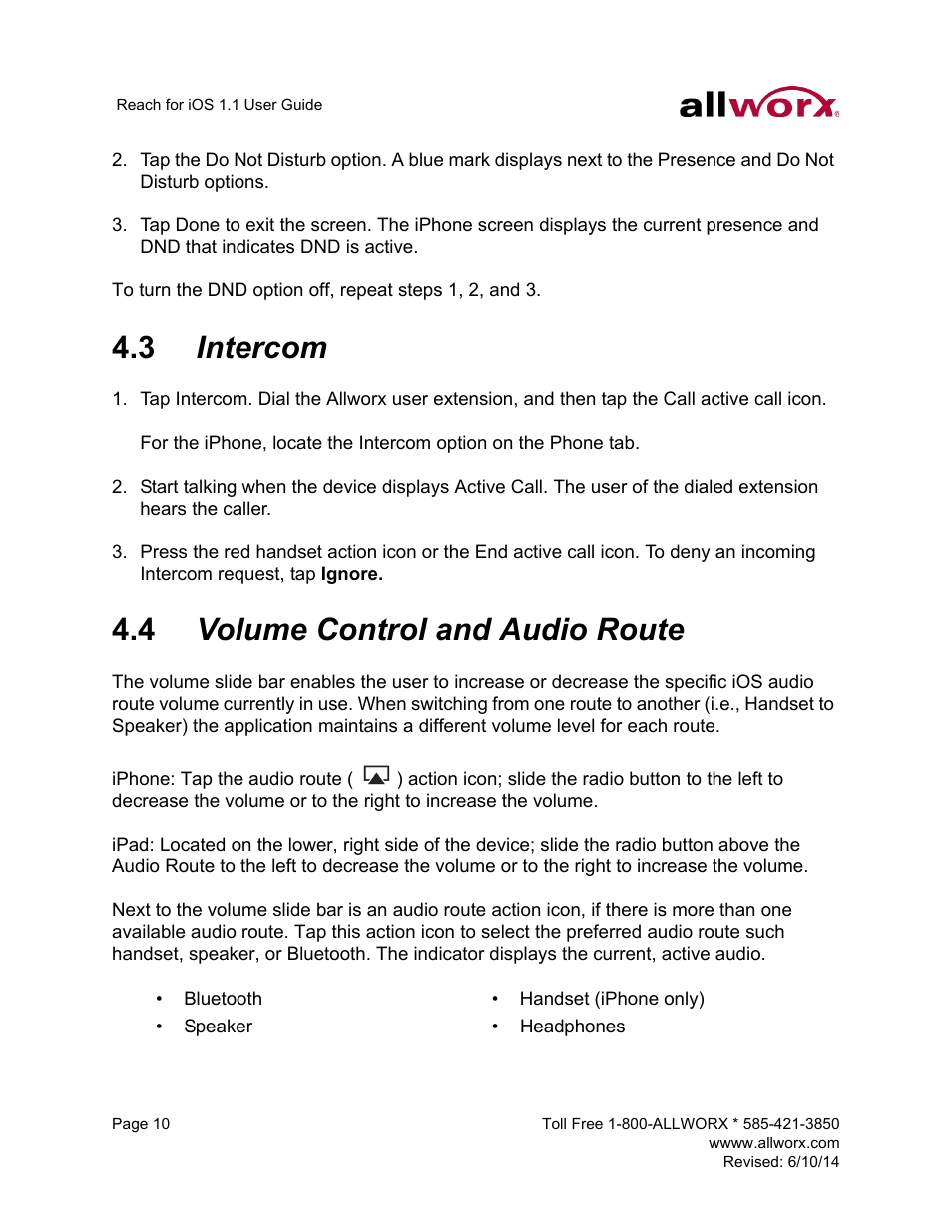 3 intercom, 4 volume control and audio route, Intercom volume control and audio route | Allworx for iOS User Manual | Page 18 / 52