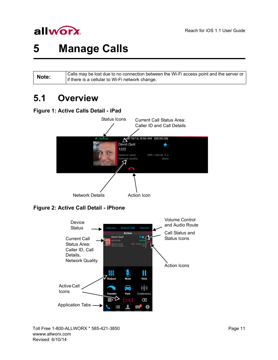 5 manage calls, 1 overview, Manage calls | Overview | Allworx for iOS User Manual | Page 19 / 52