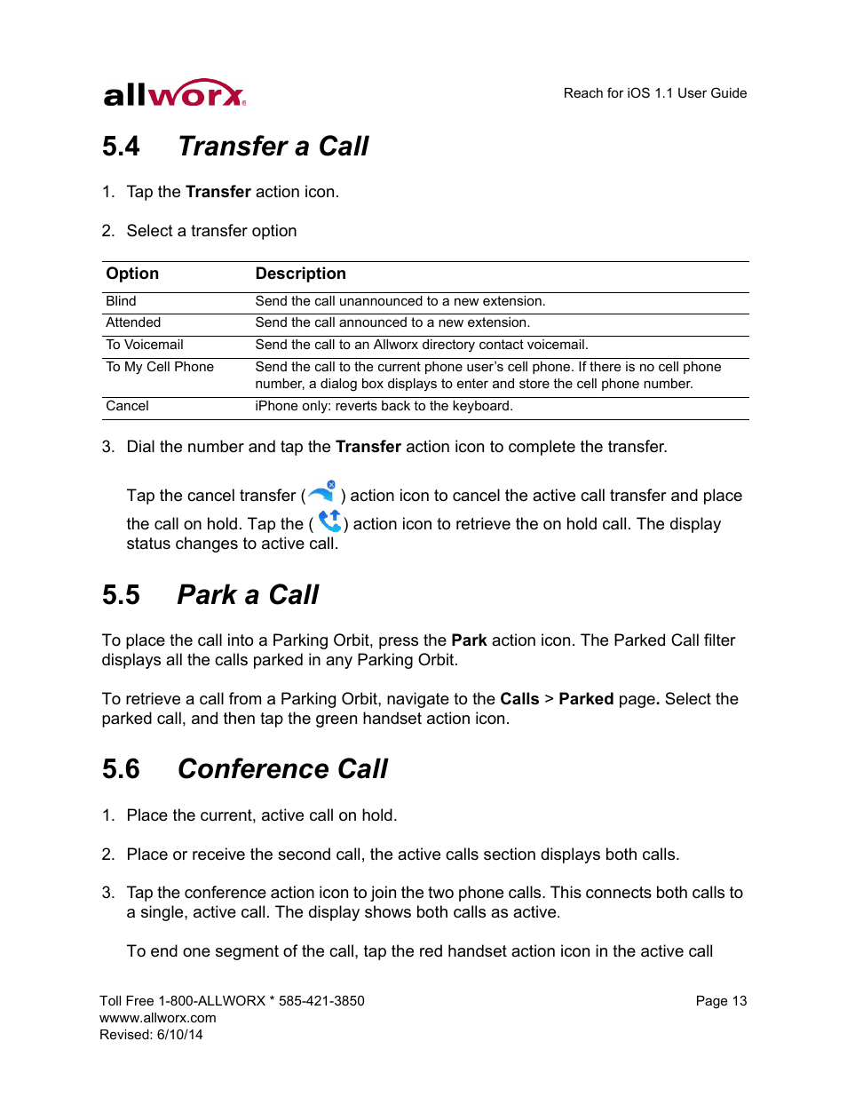 4 transfer a call, 5 park a call, 6 conference call | Transfer a call park a call conference call | Allworx for iOS User Manual | Page 21 / 52