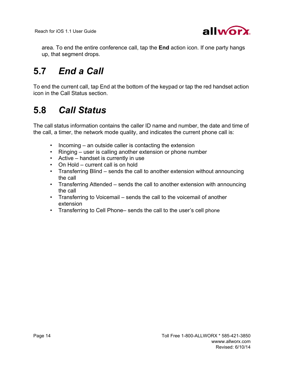 7 end a call, 8 call status, End a call call status | Allworx for iOS User Manual | Page 22 / 52