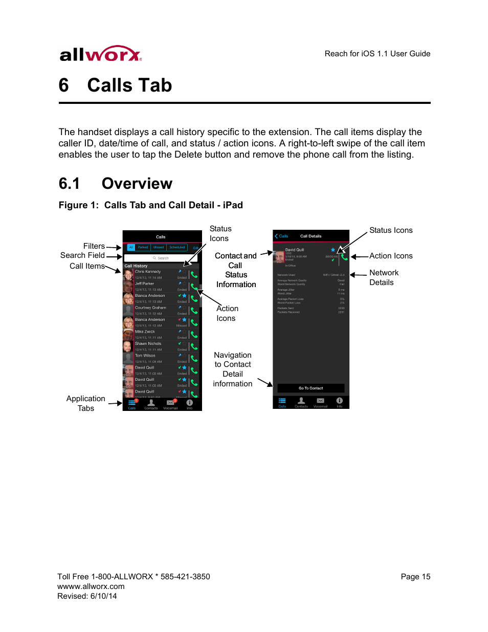 6 calls tab, 1 overview, Calls tab | Overview | Allworx for iOS User Manual | Page 23 / 52