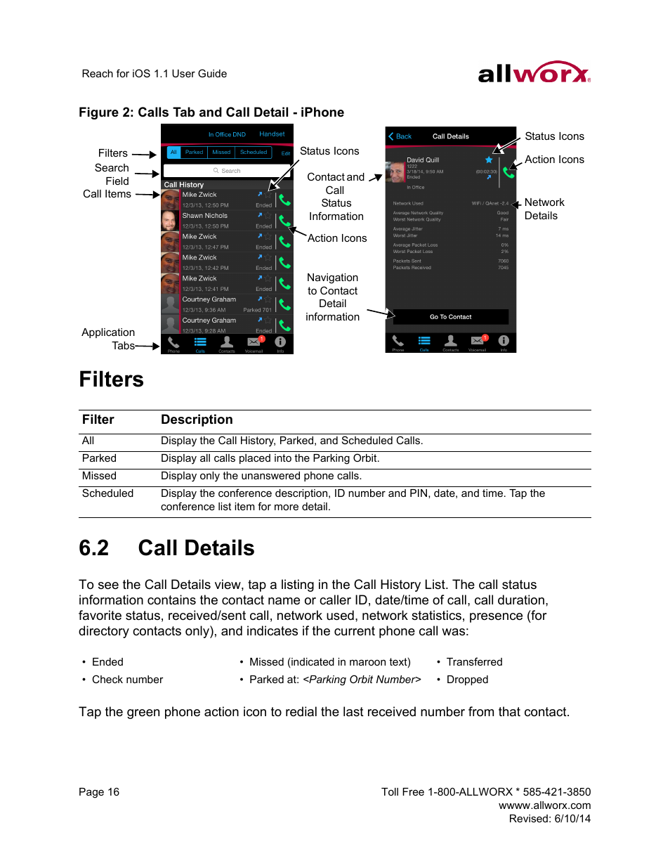 2 call details, Call details, Filters 6.2 call details | Allworx for iOS User Manual | Page 24 / 52