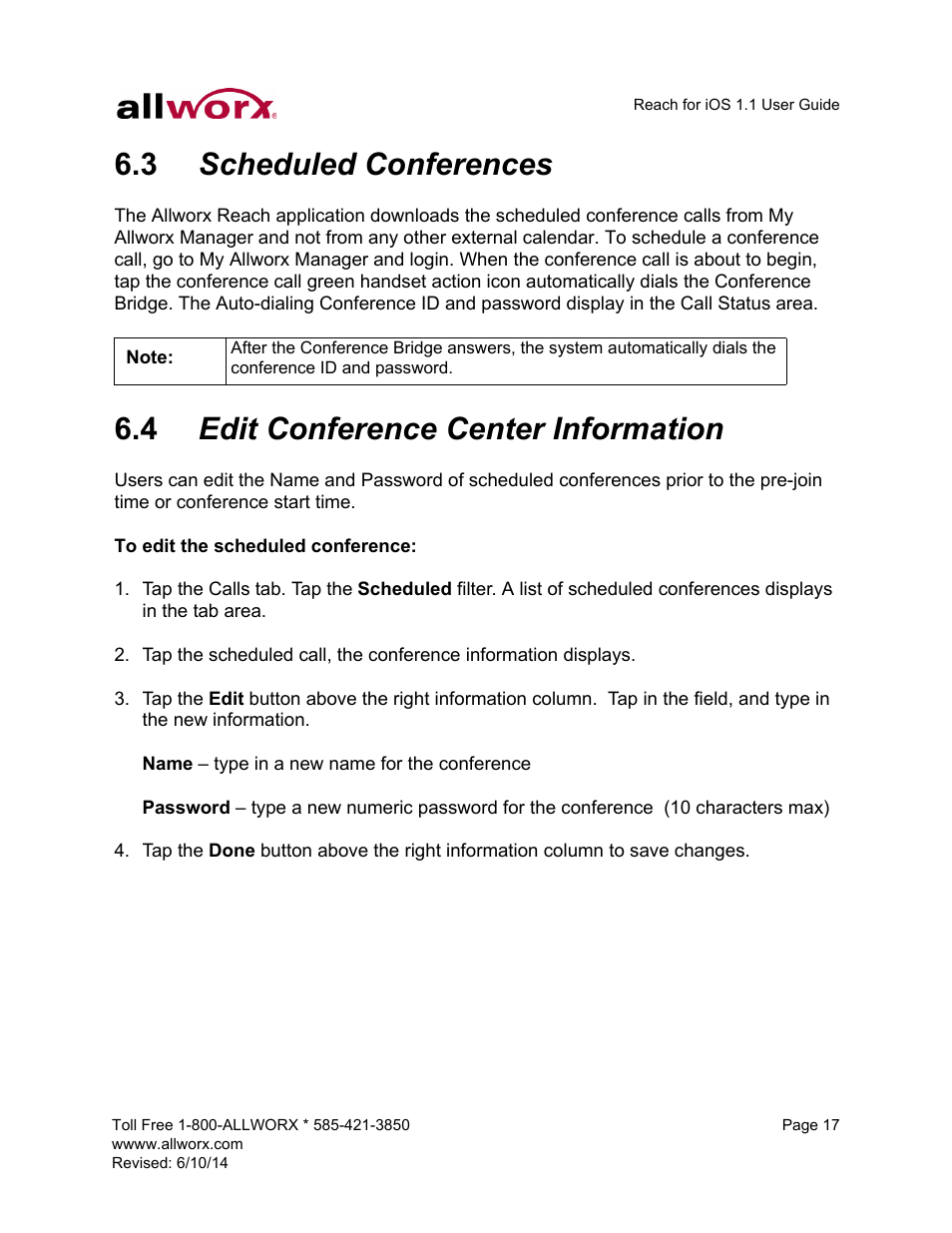 3 scheduled conferences, 4 edit conference center information, Scheduled conferences | Edit conference center information | Allworx for iOS User Manual | Page 25 / 52