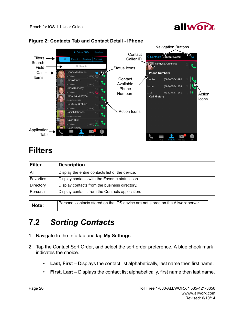 2 sorting contacts, Sorting contacts, Filters 7.2 sorting contacts | Allworx for iOS User Manual | Page 28 / 52