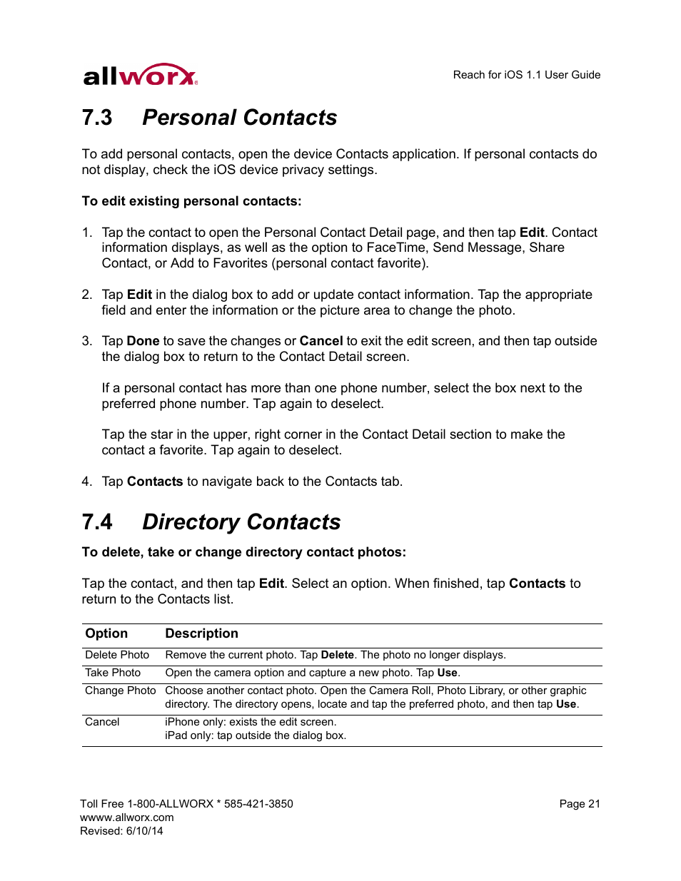 3 personal contacts, 4 directory contacts, Personal contacts directory contacts | Allworx for iOS User Manual | Page 29 / 52